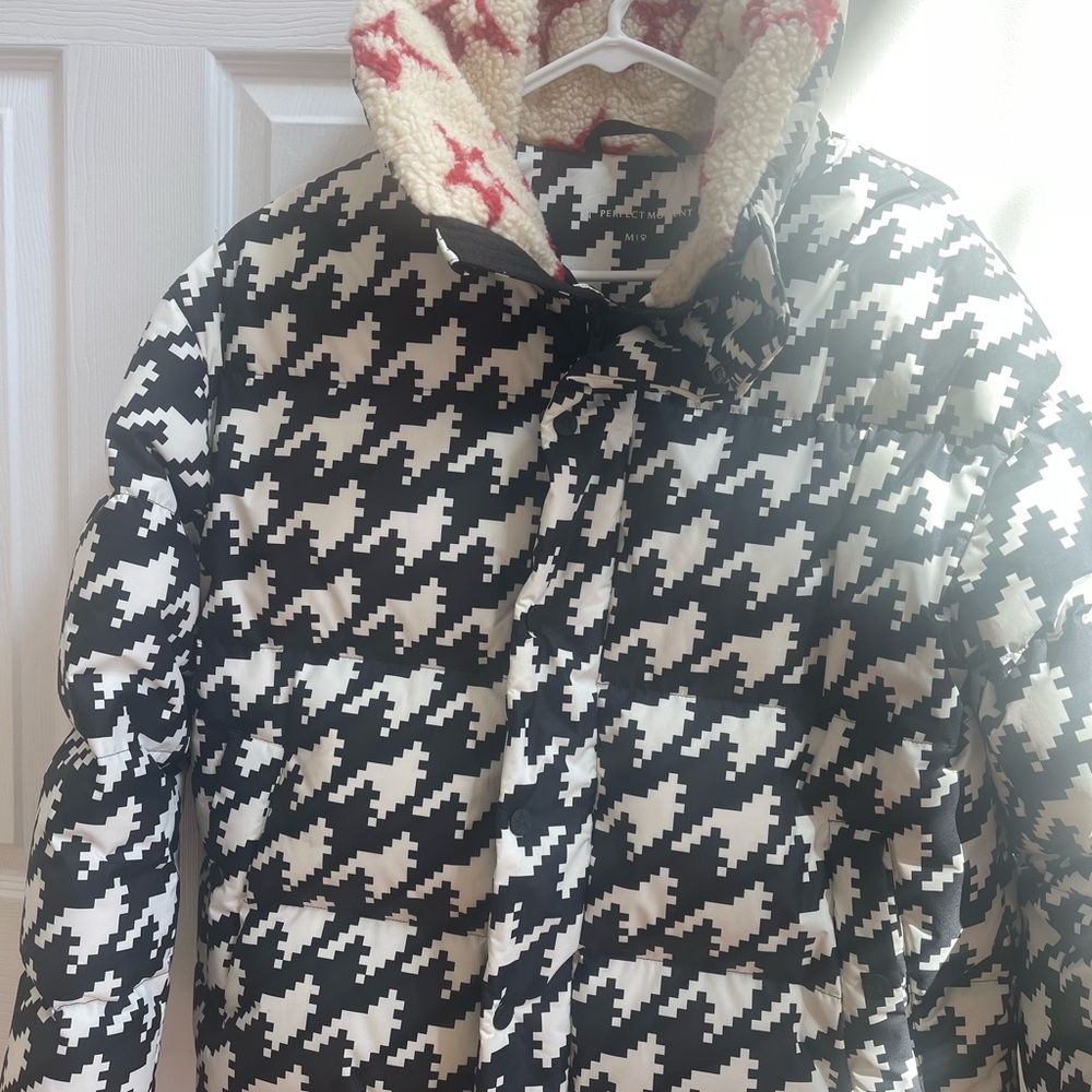 Perfect Moment Black & White Houndstooth Puffer Jacket with Sherpa Hood